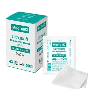 Abbildung von Medrull Kompressen nicht gewebt STERIL ULTRASOFT Wundauflagen 4 lagig 5cm x Verpackt 2 Stück 20 Papierbeuteln (40 Stück)
