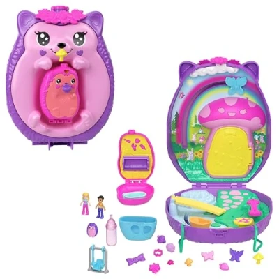 Abbildung von Polly Pocket 2 in 1 Reisespielzeug mit Mikropuppen und 16 Accessoires, Igel Handtaschen Spielset, Haustierthema, JBJ91