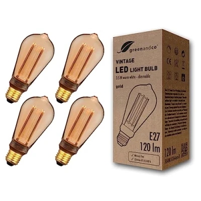 Abbildung von greenandco 4x dimmbare Vintage Design LED Birne zur Stimmungsbeleuchtung E27 ST64 gold 3,5W 120lm 1800K extra warmweiß 320 230V flimmerfrei Edison Glühbirne
