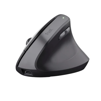 Abbildung von Trust Yuno Wiederaufladbare Vertikale Maus, Kabellose Ergonomische Maus 2.4GHz, Vorbeugung Gegen Mausarm/Tennisarm (RSI Syndrom), 800 2400 DPI, 70% Recyclingkunststoff, PC, Laptop, Mac Schwarz