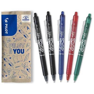 Abbildung von PILOT FriXion Clicker 0.7 5 Stück Farben 2x Schwarz, je 1x Blau/Rot/Grün Radierbarer, nachfüllbarer Gel Tintenroller mit Druckmechanik und thermosensitiver Tinte, mittlere Spitze
