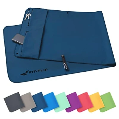 Abbildung von Fit Flip Fitness Handtuch mit Magnet und Reißverschluss Tasche Gym aus Mikrofaser für Sport Kompakt &amp; Schnelltrocknend Sporthandtuch Fitnessstudio Marineblau 130x48cm