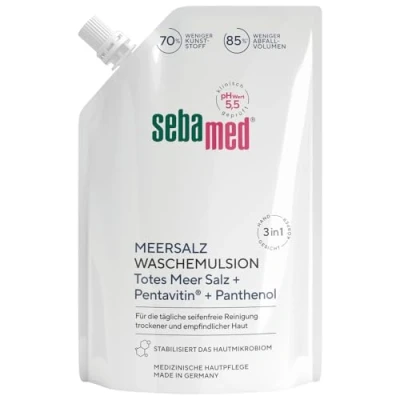 Abbildung von SEBAMED Meersalz Wasch Emulsion 400 ml Nachfüllbeutel, für die tägliche seifenfreie Reinigung Gesicht, Körper und Hände, wirkt Austrocknung entgegen, mit original Totes Meer Salz Mineralien