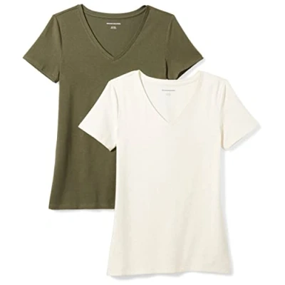 Abbildung von Amazon Essentials Damen T Shirt mit kurzen Ärmeln und V Ausschnitt in normaler Passform, 2er Pack, Olivgrün/Haferbeige Meliert, XXL