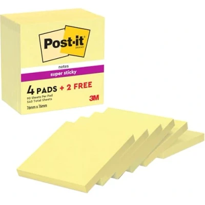 Abbildung von Post it Super Sticky Notes Kanariengelb, Packung mit 6 Blöcken, 90 Blatt pro Block, 76 mm x mm, Farbe: Gelb Extra stark klebende Notizzettel für Notizen, To Do Listen und Erinnerungen