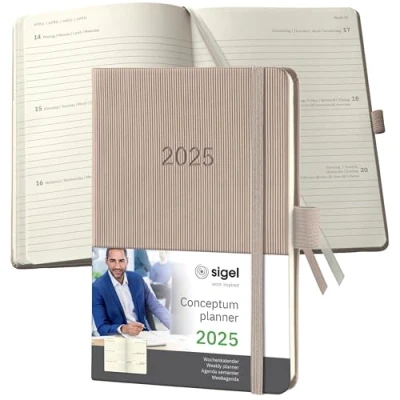 Abbildung von SIGEL C2561 Terminplaner Wochenkalender 2025, ca. A6, taupe, Hardcover, 176 Seiten, Gummiband, Stiftschlaufe, Archivtasche, aus nachhaltigem Papier, Conceptum