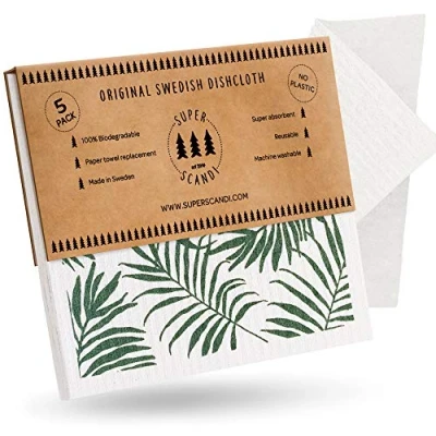 Abbildung von SUPERSCANDI Palme 5 Pack (3 Gemustert, 2 weiß) schwedische Geschirrtücher, umweltfreundlich, wiederverwendbar, nachhaltig, biologisch abbaubar