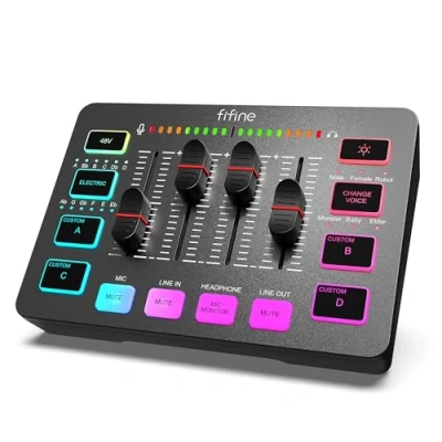Abbildung von FIFINE Gaming Audio Mixer, Streaming RGB PC Mixer mit XLR Mikrofon Interface, individuelle Steuerung, Lautstärkeregler, Stummschaltungstaste, 48V Phantomspeisung, für Podcast, Aufnahme, Gesang