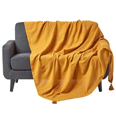Abbildung von Homescapes große Tagesdecke Rajput, senfgelb, Wohndecke aus 100% Baumwolle, 225 x 255 cm, Sofaüberwurf/Couchüberwurf in RIPP Optik