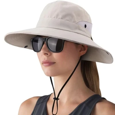 Abbildung von DRESHOW Damen Sonnenhut Outdoor UV Schutz Hut Faltbar Mesh Breite Krempe Angeln Pferdeschwanz Strand Eimer Hüte mit Sonnenbrille