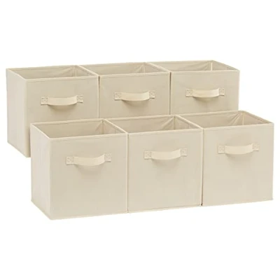 Abbildung von Amazon Basics zusammenklappbarer Aufbewahrungswürfel/Organizer aus Stoff mit Griffen, 26,6 x 27,9 cm, Einfarbig Beige, 6 Stück