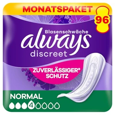 Abbildung von Always Discreet Inkontinenzeinlagen Normal, 96 Binden (4 x 24 Stück) Monatspaket, diskreter Schutz &amp; hohe Saugstärke, geruchsneutralisierend (Verpackung kann variieren)