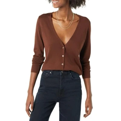 Abbildung von Amazon Essentials Damen Leichter Cardigan mit V Ausschnitt (in Übergröße erhältlich), Braun, M