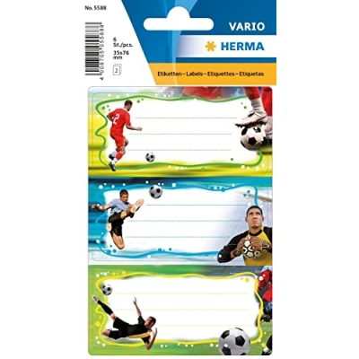 Abbildung von HERMA 5588 Buchetiketten zum Beschriften Fußball, 6 Stück, 76 x 35 mm, selbstklebend, liniert, Buchaufkleber für Schule Kinder Mädchen Jungen, mehrfarbige Heftetiketten Aufkleber, bunt