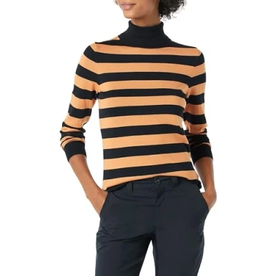 Abbildung von Amazon Essentials Damen Leichter, Langärmeliger Rollkragenpullover, Klassischer Schnitt (Erhältlich In Übergröße), Schwarz Kamelbraun Rugby Streifen, L