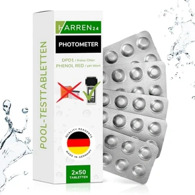 Abbildung von harren24 Photometer Pool Testtabletten Chlor und pH Wert, 50x Phenol Red Tabletten + DPD1 Tabletten, für Poollab Wassertester/Pooltester elektronisch geeignet (100 Tabletten)