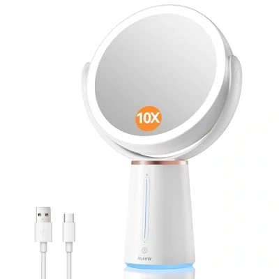 Abbildung von Auxmir Wiederaufladbar Kosmetikspiegel mit Beleuchtung, 1X/ 10X Doppelseitig Tischspiegel, 2500mAh und 10 Dimmbar Helligkeit, 360 Drehbar Schminkspiegel 52 natürlichen LEDs für Schlafzimmer
