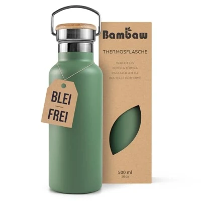Abbildung von Bambaw Thermosflasche 0,5l, Trinkflasche Grün, Edelstahl Wasserflasche, Fahrrad Edelstahl, Isolierte 500ml Salbeigrün