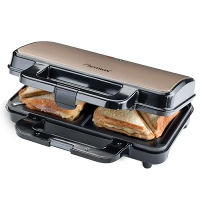 Abbildung von Bestron XL Sandwichmaker, Antihaftbeschichteter Sandwich Toaster für 2 Sandwiches, inkl. automatischer Temperaturregelung &amp; Bereitschaftsanzeige, 900 Watt, Farbe: Hellbeige/Satin