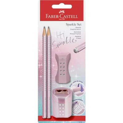 Abbildung von FABER CASTELL 118298 Bleistifte Set Sparkle, mit Spitzer, Radiergummi und 2 Bleistifte, Schreibset rose metallic