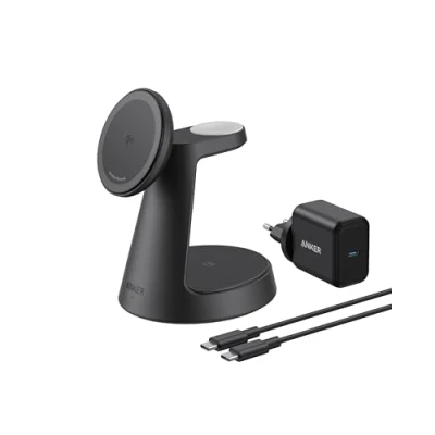 Abbildung von Anker MagGo 3 in 1 15W MagSafe kompatibles Ladegerät, iPhone Induktive Ladestation, Qi2 zertifiziert Wireless Charger für 16/15/14/13/12, Apple Watch, AirPods Pro und mehr (Adapter inkl.)