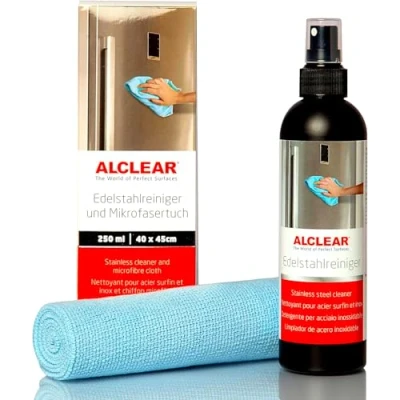 Abbildung von ALCLEAR 721ER Profi Edelstahlreiniger 250 ml mit Mikrofasertuch, reinigt Edelstahl streifenfrei, gegen Schmutz, Fingerabdrücke und Fett