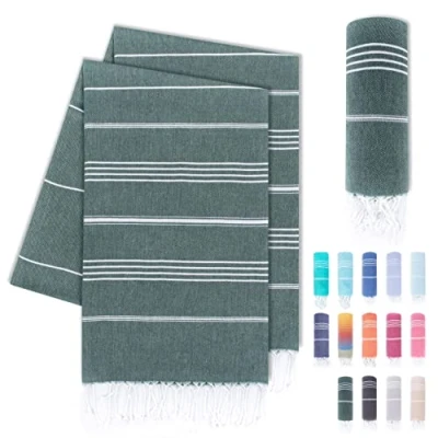 Abbildung von LAYNENBURG 2er Set Premium Hamamtuch mit handgeknüpften Fransen 100% Baumwolle XXL Strandtuch 100x200 cm Oeko TEX 100 Strandhandtuch groß Saunatuch &amp; Reisehandtuch (Dunkelgrün)