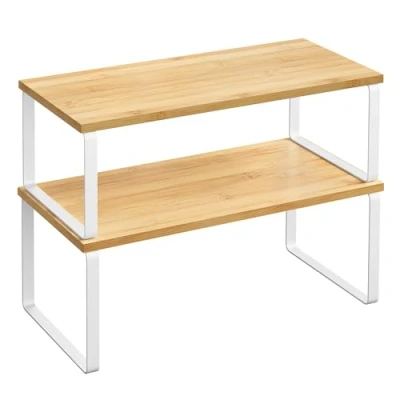 Abbildung von SONGMICS Gewürzregal, 2er Set Küchen Organizer, Küchenregal, Schrank Organizer Küche, erweiterbar, kleines Regal, stapelbar, Metall und Holzwerkstoff, wolkenweiß naturbeige KCS200W01