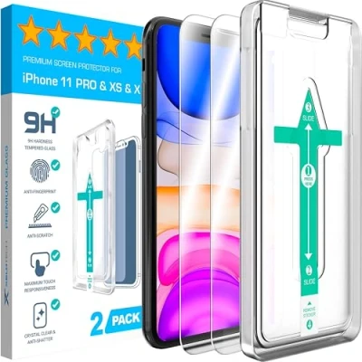 Abbildung von XeloTech Schutzglas für iPhone 11 Pro, Xs/X mit Schablone zur Positionierung, 2 Stück, 9H Panzerfolie aus Panzerglas