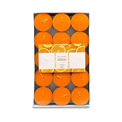 Abbildung von pajoma® Teelichte 30 Stück, Orange Duft in Aluminiumhülle, Brenndauer ca. 4 Stunden Höhe 1,5 cm ø 3,5 Premium Qualität Deko, Gastronomie, Outdoor, Party, Windgläser, Hochzeit