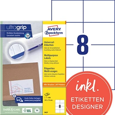 Abbildung von AVERY Zweckform 3427 Universal Etiketten (800 Klebeetiketten, 105x74mm auf A4, Papier matt, bedruckbare Versandetiketten, selbstklebende Versandaufkleber mit ultragrip) 100 Blatt, weiß