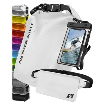 Abbildung von Nordlight wasserdichte Tasche 3er Set (Weiß) Dry Bag 20l + Handyhülle Hüfttasche IPX8 Schutz Mit Verstellbaren Gurten Für Strand, Stand Up Paddling