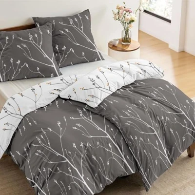 Abbildung von Dreamzie 2 Bettwäsche Set 135x200 cm Muster Zweige Grau mit Kissenbezügen 80x80 Einzelbett aus 100% Mikrofaser Zertifiziert ohne Chemikalien (Oeko TEX)