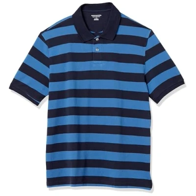 Abbildung von Amazon Essentials Herren Polohemd mit normaler Passform aus Baumwollpiqué (erhältlich in Big &amp; Tall), Schwarz Blau Streifen, L