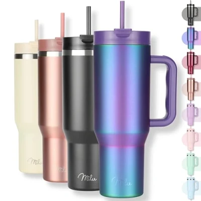 Abbildung von Milu Thermobecher 1200ml mit Strohhalm und Henkel 48h Eis/24h kalt/12h heiß Edelstahl Tumbler 40oz Griff Isolierbecher to go Isolierflasche Trinkflasche doppelwandig isoliert (Aurora, 1,2L)