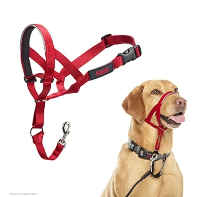 Abbildung von HALTI Kopfgeschirr Verhindert, dass Ihr Hund an der Leine zieht, Einfache Anpassung, Leicht, mit gepolstertem Nasenriemen, Anti Zug Halsband für mittelgroße Hunde (Größe 3, Rot)