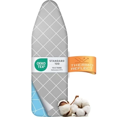 Abbildung von Timbley Turbo Bügelbrettbezug 120x45 Hitzereflektierend für schnelleres Bügeln einfache Montage mit Gummizug 2X Komfortpolsterung &amp; OEKOTEX100 Made in Europe Größe L