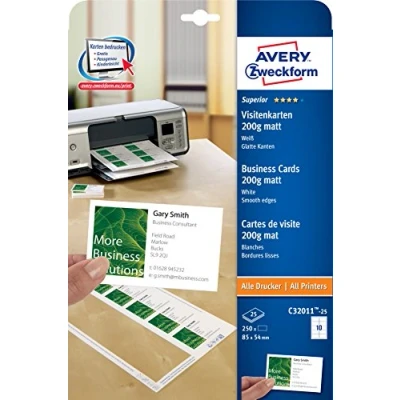 Abbildung von AVERY Zweckform C32011 25 Superior Visitenkarten, blanko (250 Stück, 200g, 85x54 mm, einseitig bedruckbar, matt weiß, absolut glatte Kanten, Blatt) zum Selbstbedrucken auf allen Druckern