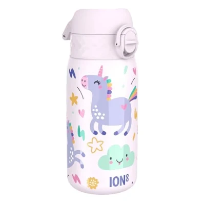 Abbildung von ion8 Isolierte Edelstahl Trinkflasche 320 ml Auslaufsicher Einhandöffnung Sichere Verriegelung Spülmaschinenfest Klappdeckel Tragegriff Leicht zu Reinigen, Langlebig, Rosa Einhorn