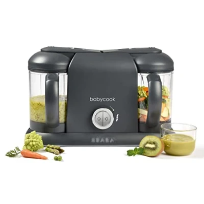 Abbildung von Béaba Babycook Duo Küchenmaschine 4 in 1 Mixer Schnelldampf 15 min Diversifizierung Lebensmittel Kleine Töpfe Baby Haus XXL Inhalt 2200 ml Dark Grey, 912952, Dunkelgrau