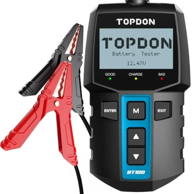 Abbildung von TOPDON Autobatterie Tester BT100 A, BatterieTester KFZ 12V mit 100 2000 CCA Batterietest Kurbeltest Ladesystem Test für Auto ATV SUV PKW LKW Boot, Schwarz