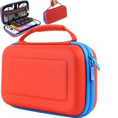 Abbildung von Orzly Tasche Kompatibel mit Neon Rot/Neon Blau Nintendo Switch OLED und Konsole Zubehör Spiele Ablagefach Tragetasche leicht zu reinigende Hülle in Geschenkbox