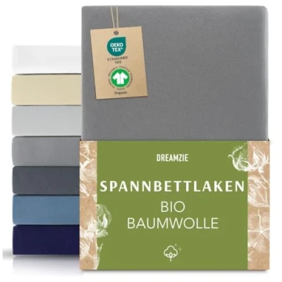 Abbildung von Dreamzie Premium Spannbettlaken 80x200 cm Anthrazit, Spannbetttuch aus 100% Jersey Biobaumwolle, 150 g/m² Oeko TEX