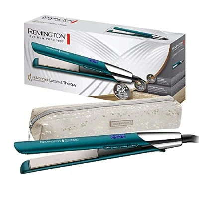 Abbildung von Remington Glätteisen Advanced Coconut Therapy (hochwertige Keramikbeschichtung angereichert mit Kokosnuss &amp; UV Filter, integr. Sensor) LCD Display, Haarglätter S8648