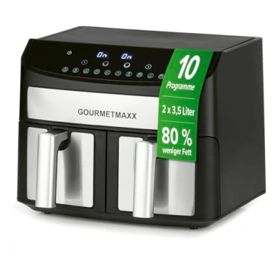Abbildung von GOURMETmaxx Doppelkammer Heißluftfritteuse 2x 3,5L Edelstahl Airfryer mit Synchro Garzonen, Timerfunktion &amp; Touchdisplay energiesparend frittieren 10 Programme 2400 Watt