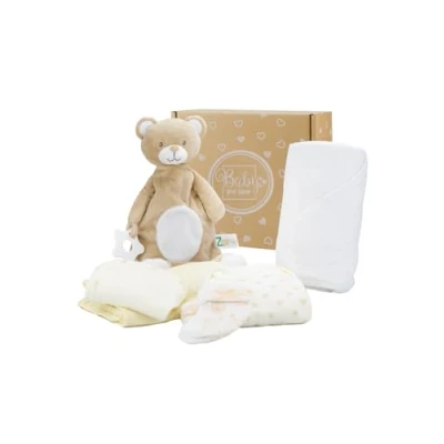 Abbildung von Baby Box Shop 6 Essentials für Neugeborene, Unisex, ideale Geschenke zur Babyparty und Taufe, inklusive Babydecke, cremefarbenem Babyhandtuch mit Kapuze, Musselintuch, Body, Lätzchen Socken