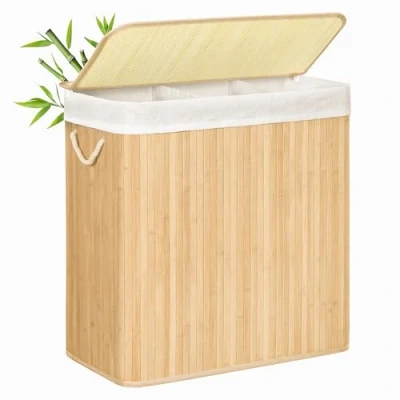 Abbildung von SONGMICS Wäschekorb, 150 l, schmutziger 3 Sortierfächer, Deckel aus Bambus, Griffe, faltbar, abnehmbarer Beutel, maschinenwaschbar, für Waschküche, Schlafzimmer, Holzfarbe LCB091N01
