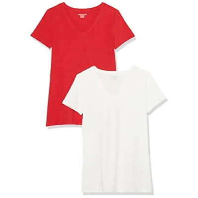 Abbildung von Amazon Essentials Damen Kurzärmeliges T Shirt mit V Ausschnitt, Klassischer Schnitt, 2er Pack, Rot/Weiß, S