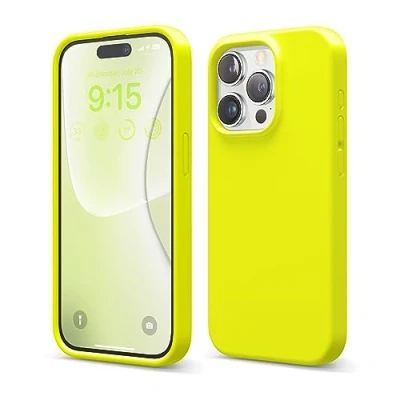 Abbildung von elago Schutzhülle aus Flüssigsilikon, kompatibel mit iPhone 15 Pro, Premium Qualität, Rundumschutz [stoßfeste Struktur 4 Schichten], weiches Mikrofaserfutter, Kratzfest (Neongelb)