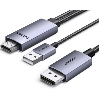 Abbildung von UGREEN HDMI auf DisplayPort Kabel 4K@60Hz 2K@144Hz 1080P@240Hz Monitor DP 1.2 HDCP 2.3 HDR Aluminiumgehäuse mit Gitter Kompatibel PS5 Xbox Serie X/S Switch Laptop Monitor(2M)